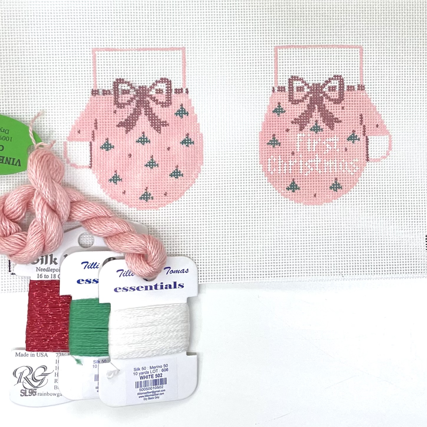 Baby's First Christmas Mittens with Pink thread kit